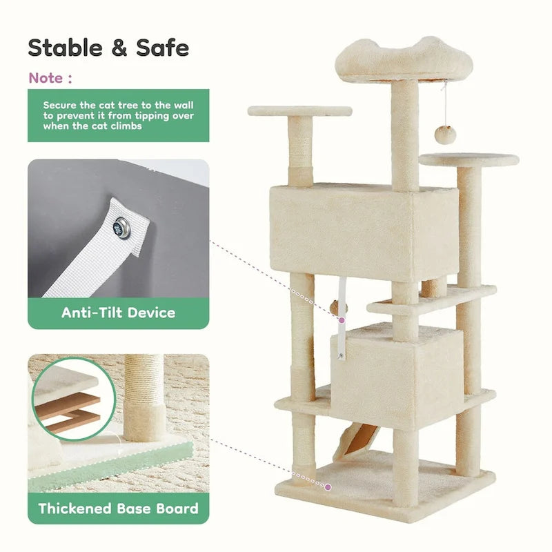 Gray / Beige 54" Multi-Level Cat Tree Tower, Plush & Sisal, for 3–4 Cats