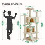Gray / Beige 54" Multi-Level Cat Tree Tower, Plush & Sisal, for 3–4 Cats