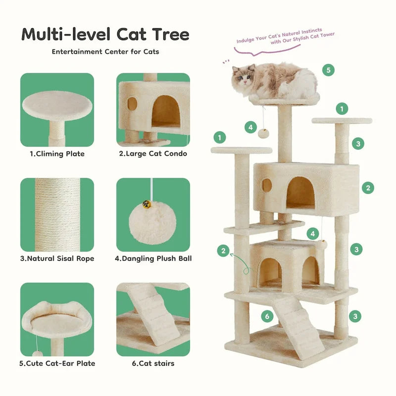 Gray / Beige 54" Multi-Level Cat Tree Tower, Plush & Sisal, for 3–4 Cats