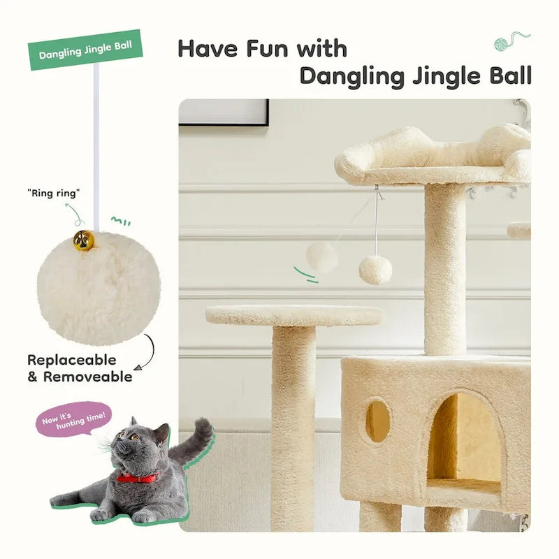 Gray / Beige 54" Multi-Level Cat Tree Tower, Plush & Sisal, for 3–4 Cats