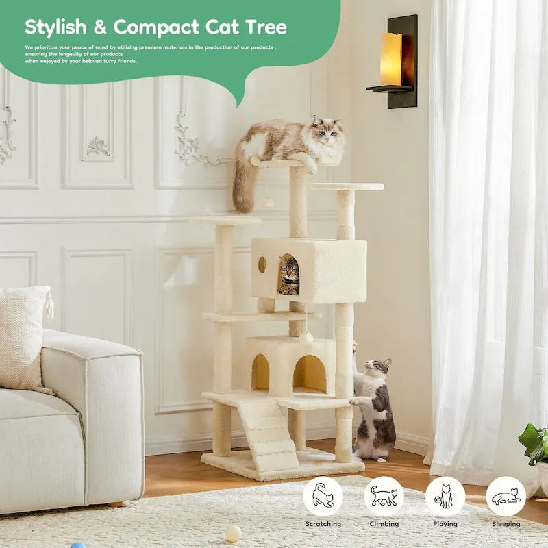 Gray / Beige 54" Multi-Level Cat Tree Tower, Plush & Sisal, for 3–4 Cats