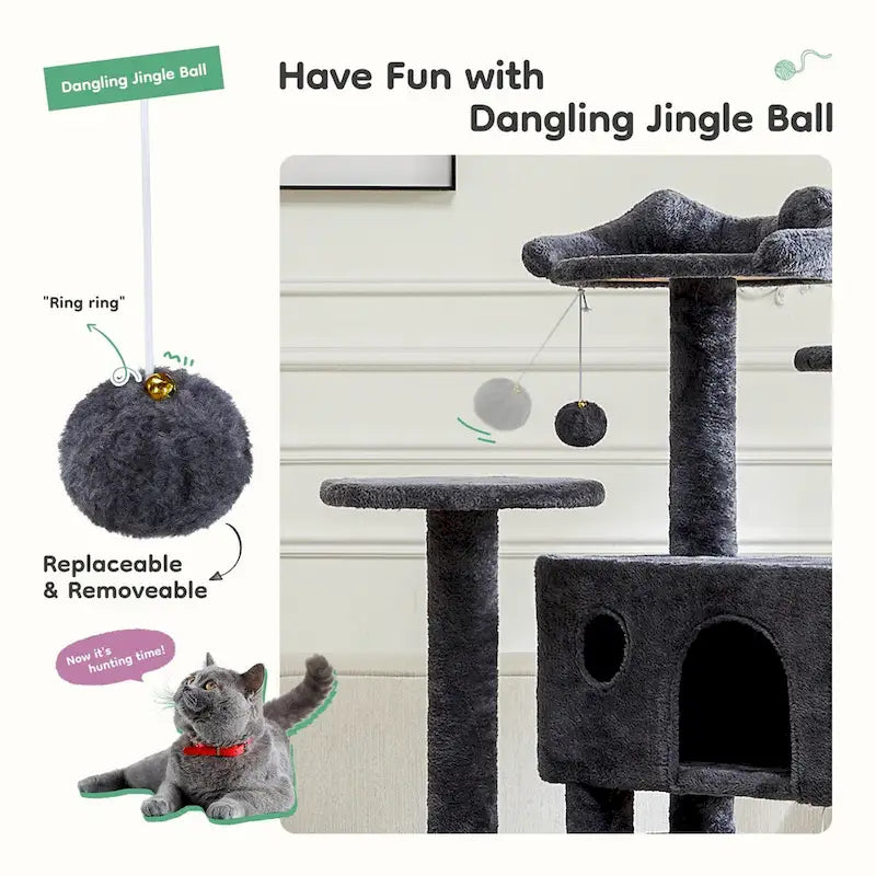Gray / Beige 54" Multi-Level Cat Tree Tower, Plush & Sisal, for 3–4 Cats