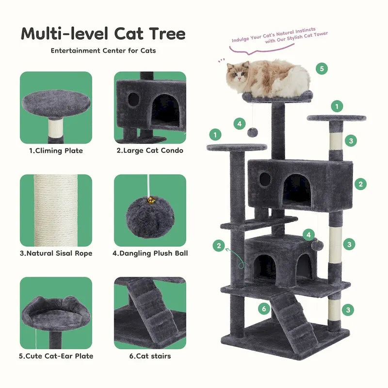 Gray / Beige 54" Multi-Level Cat Tree Tower, Plush & Sisal, for 3–4 Cats