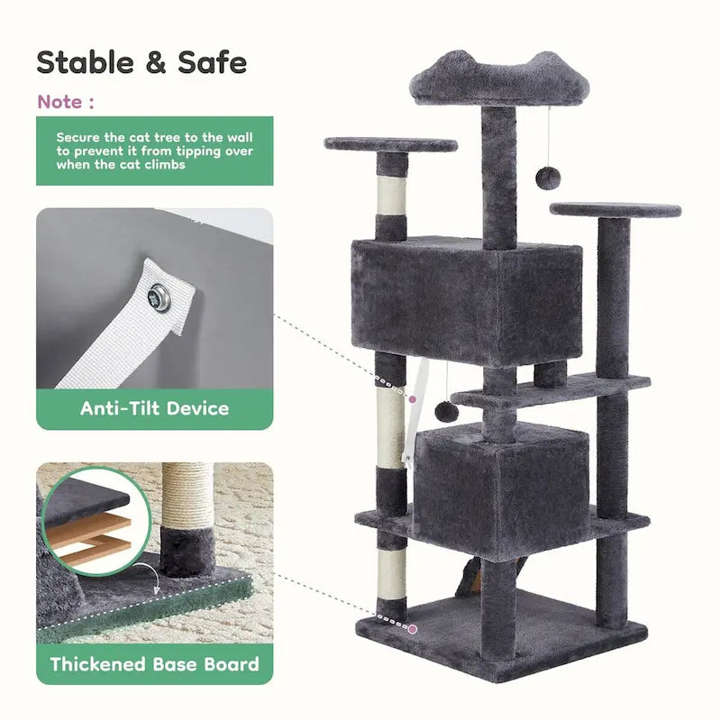 Gray / Beige 54" Multi-Level Cat Tree Tower, Plush & Sisal, for 3–4 Cats
