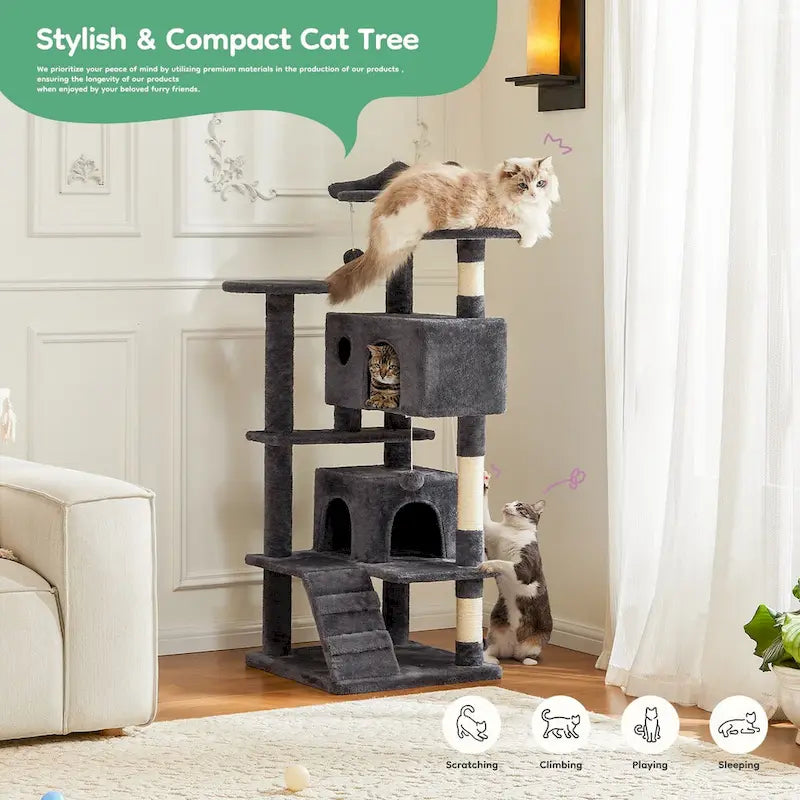 Gray / Beige 54" Multi-Level Cat Tree Tower, Plush & Sisal, for 3–4 Cats