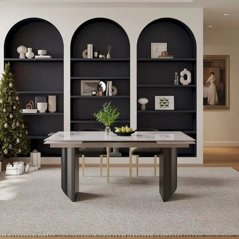 Black Base & White/Black Chair Extendable Sintered Stone Dining Set for 8–10