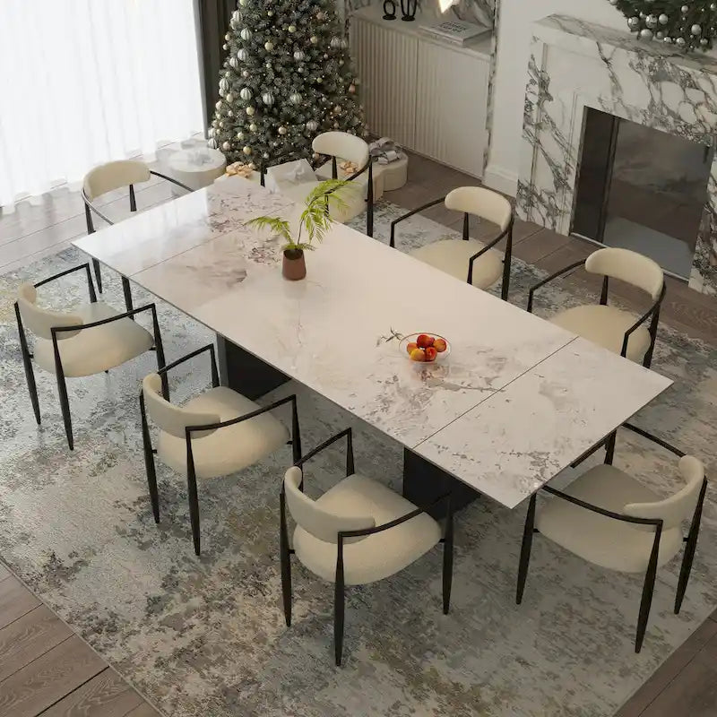 Black Base & White/Black Chair Extendable Sintered Stone Dining Set for 8–10