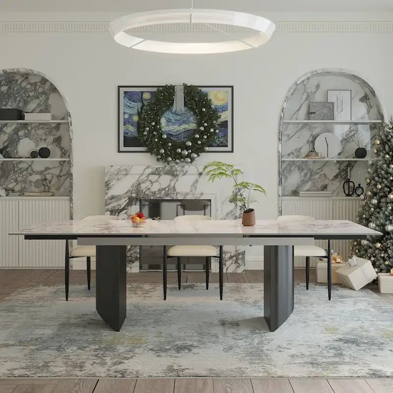 Black Base & White/Black Chair Extendable Sintered Stone Dining Set for 8–10