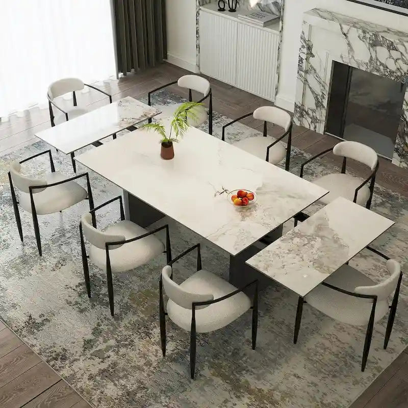 Black Base & White/Black Chair Extendable Sintered Stone Dining Set for 8–10