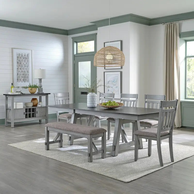 Smokey Grey Dining Set for 6, Trestle Style
