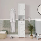 White & Brown Freestanding Linen Tower Cabinet – Farmhouse Style, 1-Person Use