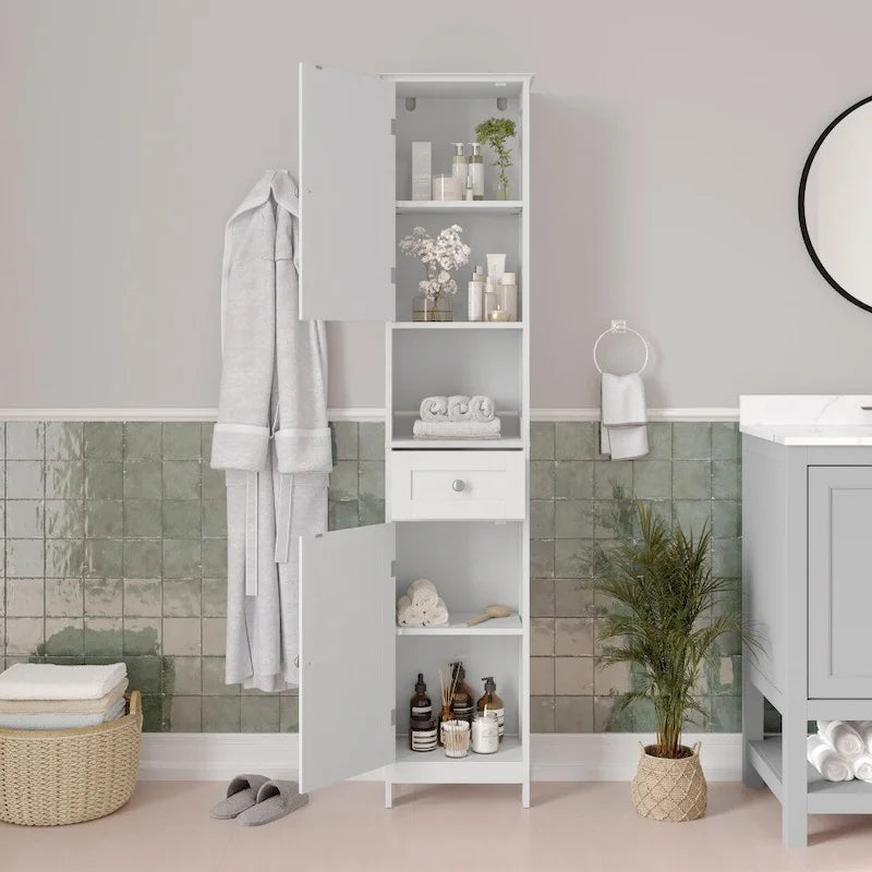 White & Brown Freestanding Linen Tower Cabinet – Farmhouse Style, 1-Person Use