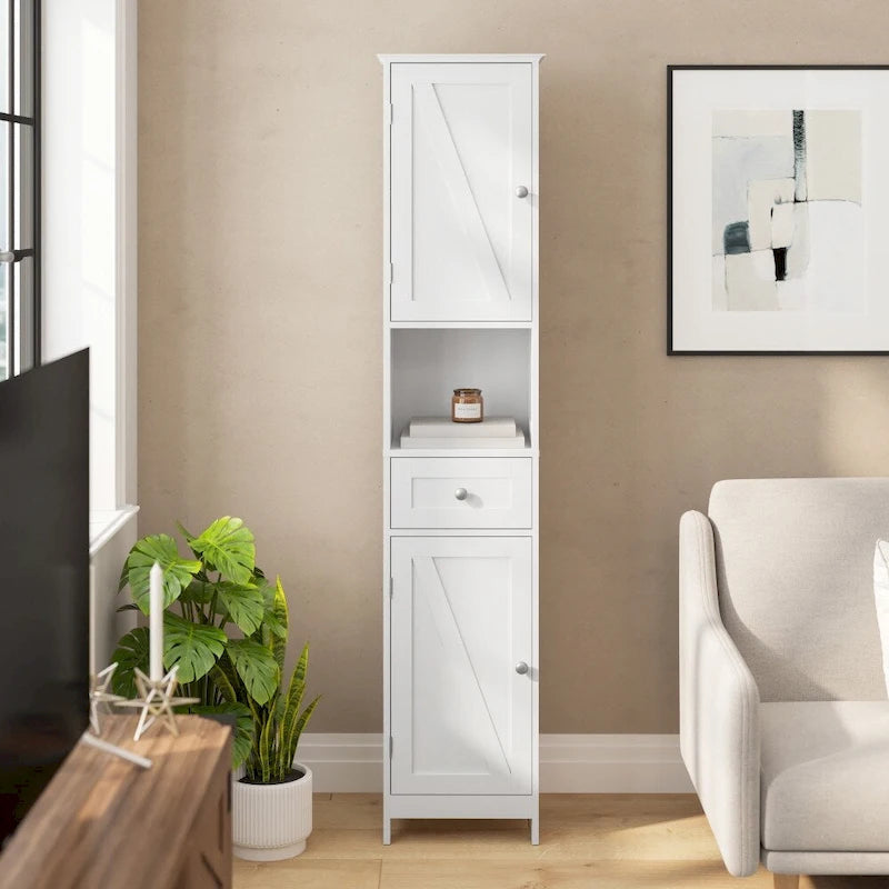 White & Brown Freestanding Linen Tower Cabinet – Farmhouse Style, 1-Person Use