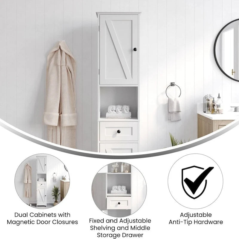 White & Brown Freestanding Linen Tower Cabinet – Farmhouse Style, 1-Person Use