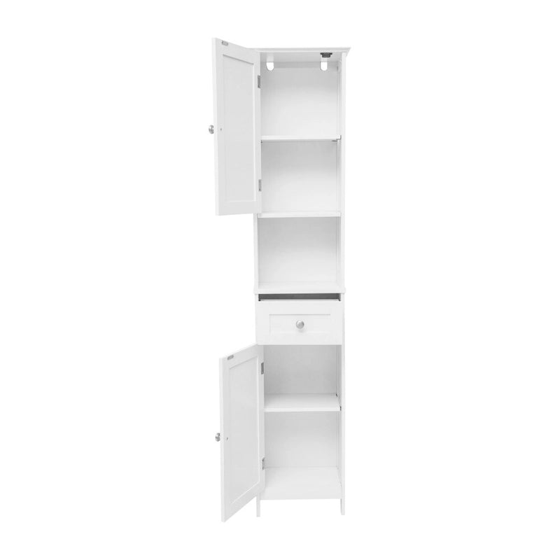 White & Brown Freestanding Linen Tower Cabinet – Farmhouse Style, 1-Person Use