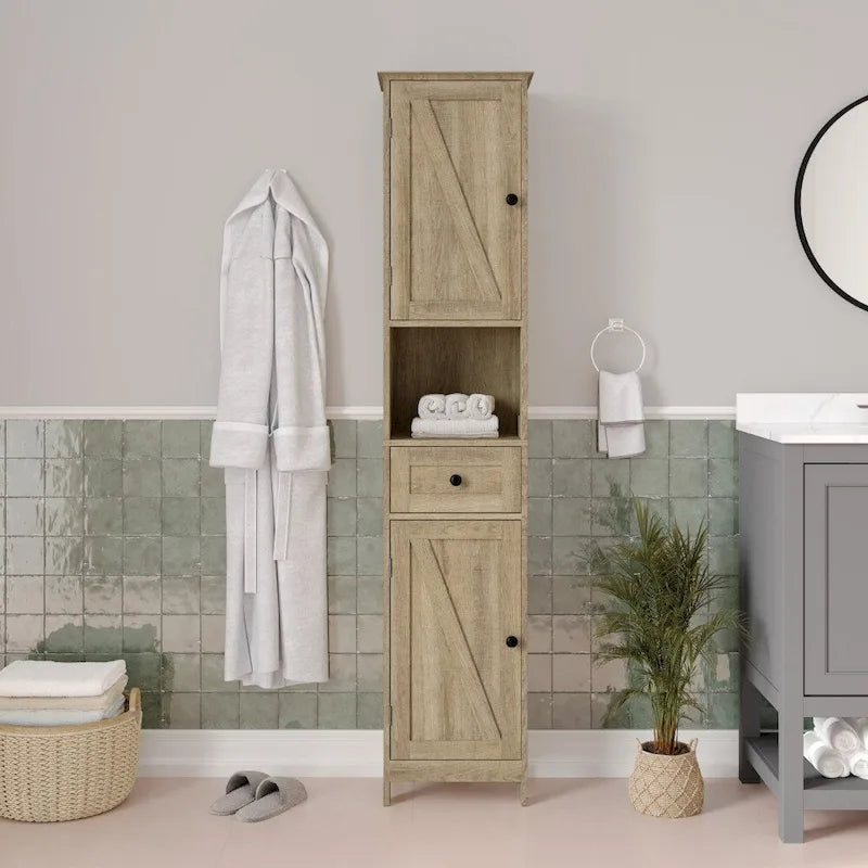 White & Brown Freestanding Linen Tower Cabinet – Farmhouse Style, 1-Person Use