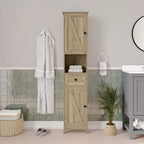 White & Brown Freestanding Linen Tower Cabinet – Farmhouse Style, 1-Person Use