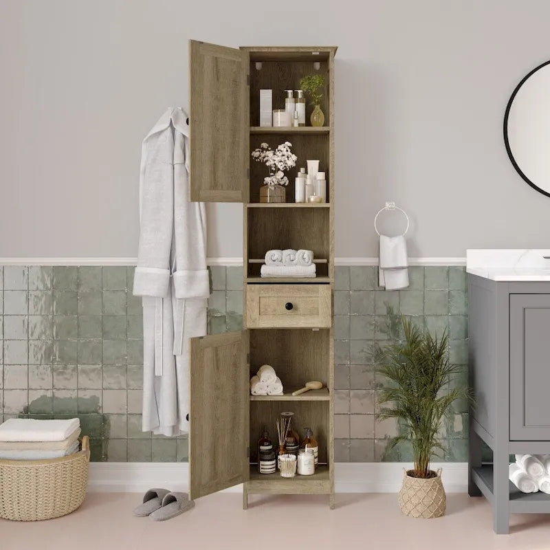 White & Brown Freestanding Linen Tower Cabinet – Farmhouse Style, 1-Person Use