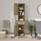 White & Brown Freestanding Linen Tower Cabinet – Farmhouse Style, 1-Person Use