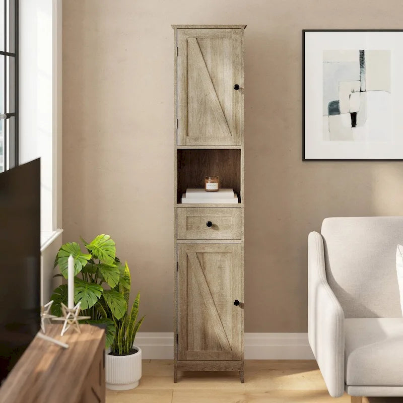 White & Brown Freestanding Linen Tower Cabinet – Farmhouse Style, 1-Person Use