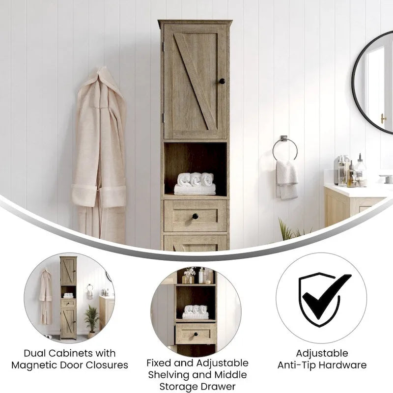 White & Brown Freestanding Linen Tower Cabinet – Farmhouse Style, 1-Person Use
