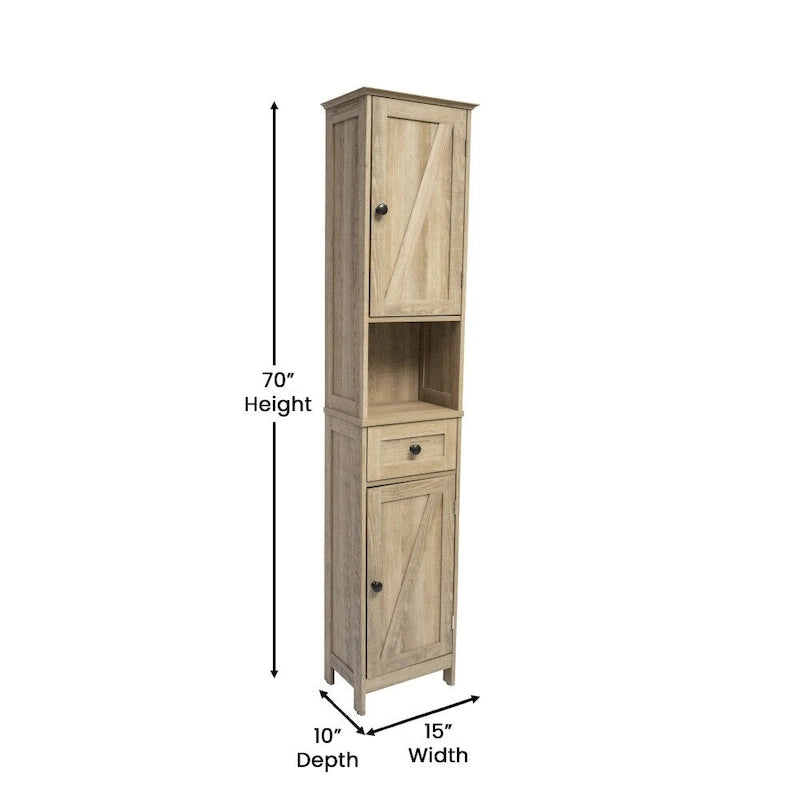 White & Brown Freestanding Linen Tower Cabinet – Farmhouse Style, 1-Person Use