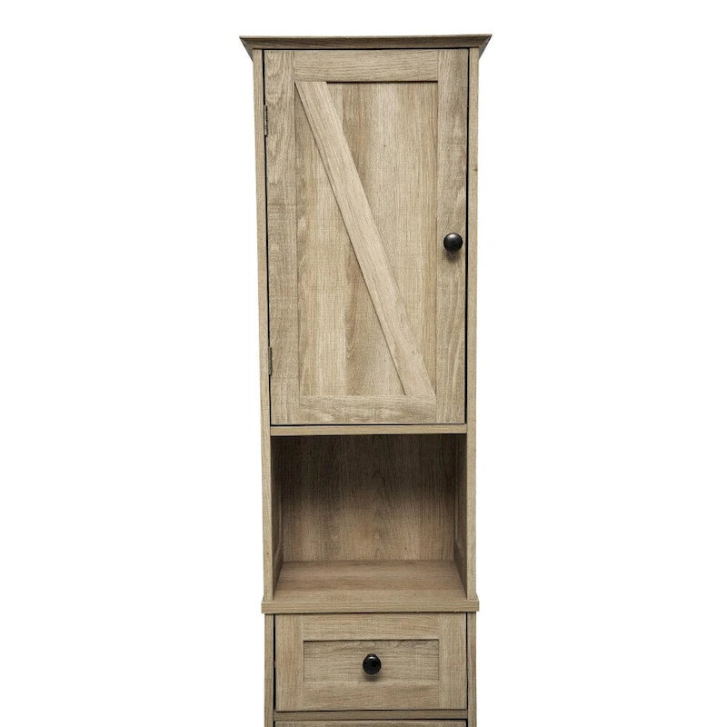 White & Brown Freestanding Linen Tower Cabinet – Farmhouse Style, 1-Person Use