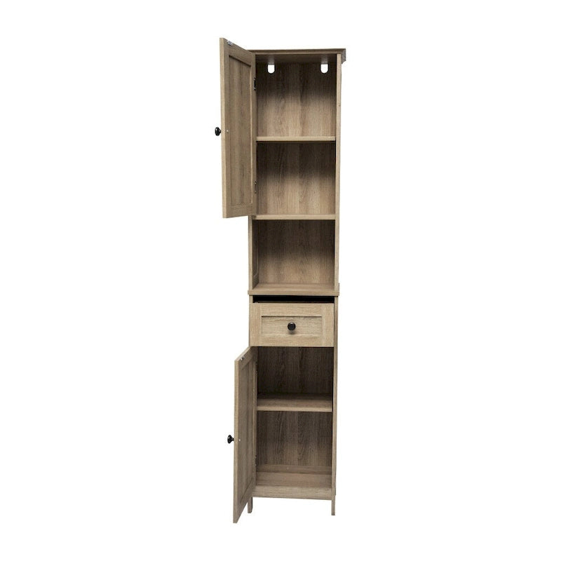 White & Brown Freestanding Linen Tower Cabinet – Farmhouse Style, 1-Person Use