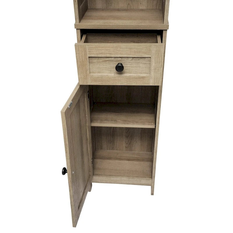 White & Brown Freestanding Linen Tower Cabinet – Farmhouse Style, 1-Person Use