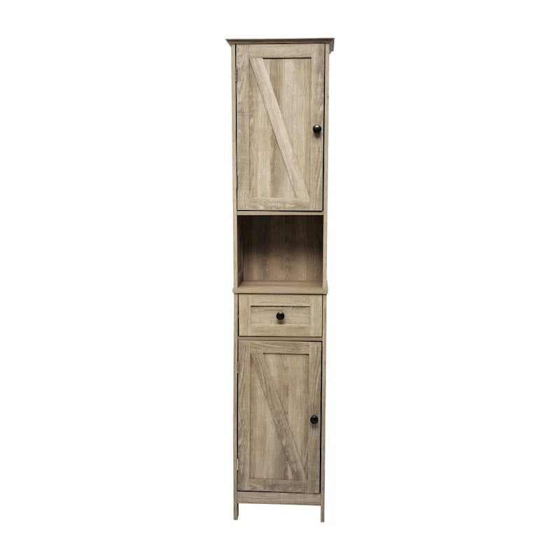 White & Brown Freestanding Linen Tower Cabinet – Farmhouse Style, 1-Person Use