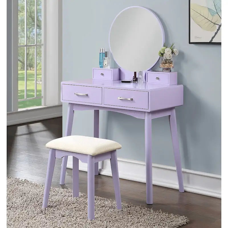 Purple/Gold/Pink/White Modern Vanity Table with Mirror & Stool, 1-Person