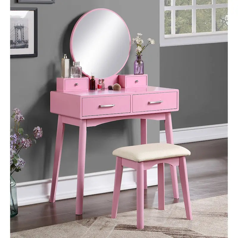Purple/Gold/Pink/White Modern Vanity Table with Mirror & Stool, 1-Person